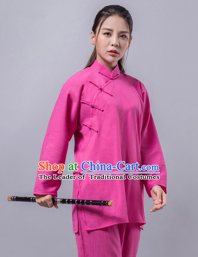 Top Grade Chinese Kung Fu Costume Martial Arts Plated Buttons Rosy Uniform, China Tai Ji Wushu Clothing for Women