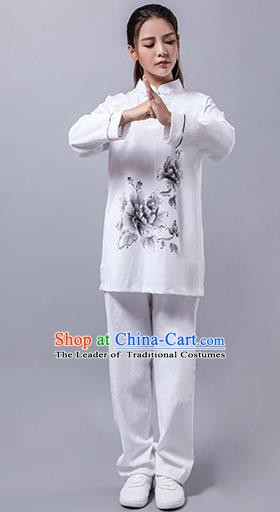 Top Grade Chinese Kung Fu Costume Martial Arts Hand Painting Peony Uniform, China Tai Ji Wushu Clothing for Women