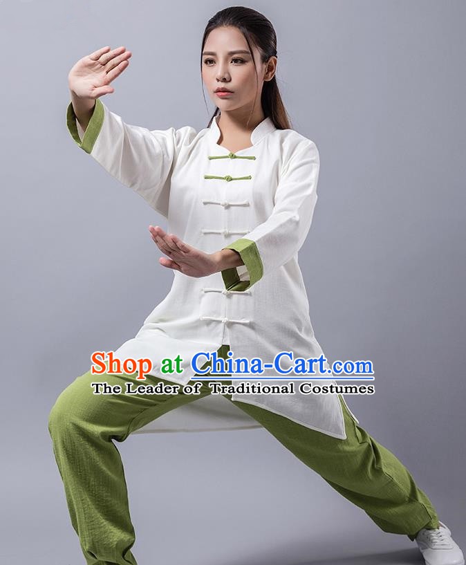 Top Grade Chinese Kung Fu Green Costume Martial Arts Linen Uniform, China Tai Ji Wushu Clothing for Women