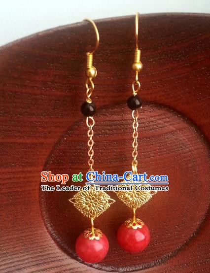 Traditional Chinese Handmade Classical Golden Tassel Eardrop Ancient Palace Queen Hanfu Earrings for Women