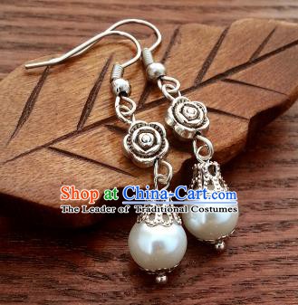 Traditional Chinese Handmade Classical Hanfu Rose Pearls Eardrop Ancient Palace Princess Earrings for Women