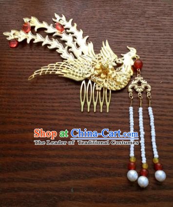 Traditional Handmade Chinese Classical Hair Accessories Ancient Princess Golden Phoenix Hairpins Hair Comb for Women