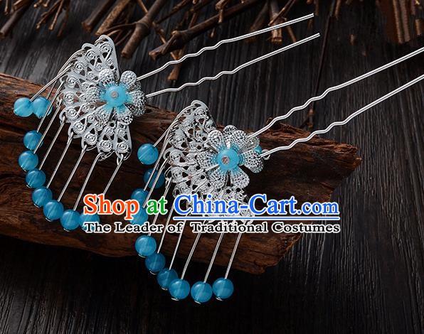 Handmade Asian Chinese Classical Hair Accessories Ancient Blue Beads Tassel Hairpins Headwear for Women