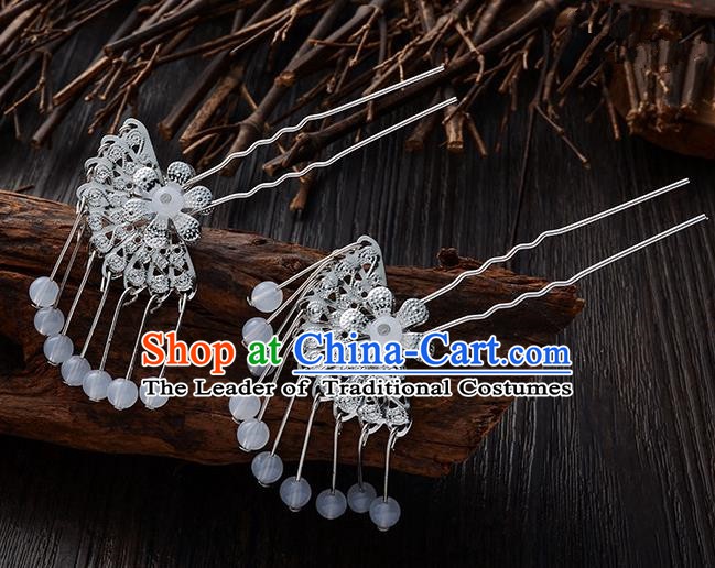 Handmade Asian Chinese Classical Hair Accessories Ancient White Beads Tassel Hairpins Headwear for Women