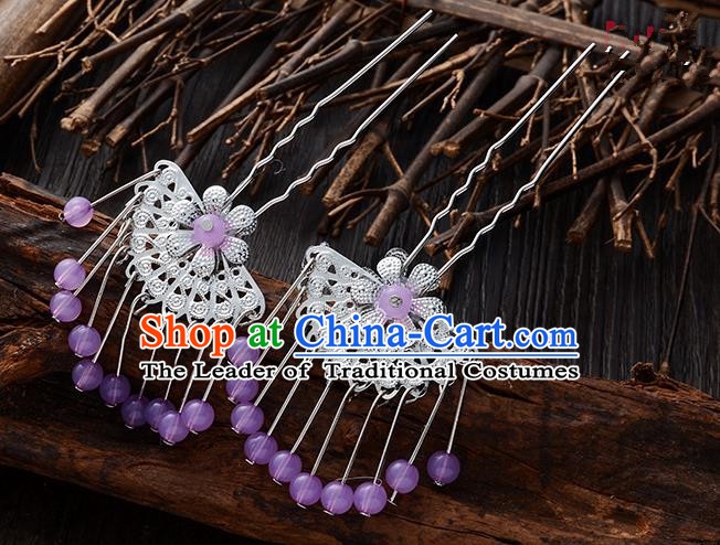 Handmade Asian Chinese Classical Hair Accessories Ancient Lilac Beads Tassel Hairpins Headwear for Women