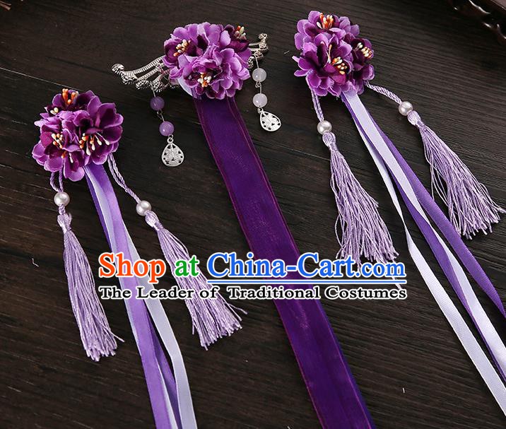 Handmade Asian Chinese Classical Hair Accessories Ancient Purple Silk Flower Hairpins Headwear for Women