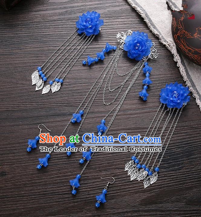 Handmade Asian Chinese Classical Hair Accessories Ancient Deep Blue Flower Hair Stick Hairpins for Women