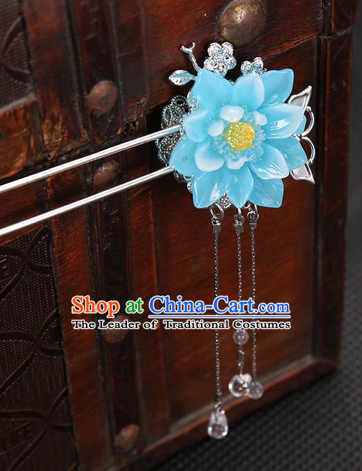 Handmade Asian Chinese Classical Hair Accessories Blue Flower Hair Clip Ancient Hanfu Hairpins for Women