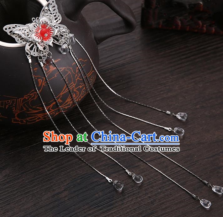 Handmade Asian Chinese Classical Hair Accessories Red Butterfly Hair Stick Ancient Hanfu Hairpins for Women