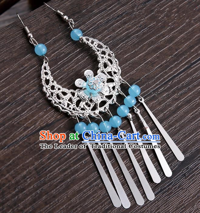 Handmade Asian Chinese Classical Hair Accessories Blue Beads Tassel Hairpins Hanfu Frontlet Eyebrows Pendant for Women