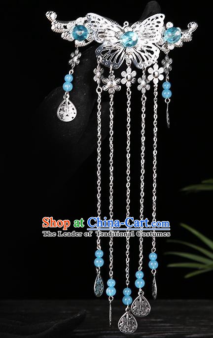 Handmade Asian Chinese Classical Hair Accessories Blue Beads Tassel Hairpins Hanfu Hair Stick for Women