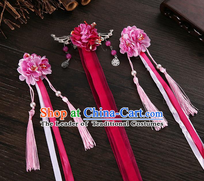 Handmade Asian Chinese Classical Hair Accessories Ancient Rosy Silk Flower Hairpins Headwear for Women