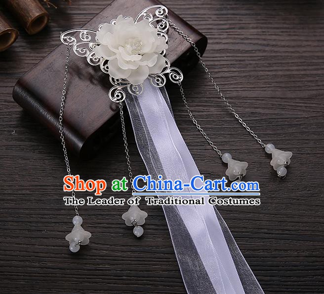 Handmade Asian Chinese Classical Hair Accessories White Ribbon Butterfly Hairpins Hanfu Hair Stick for Women