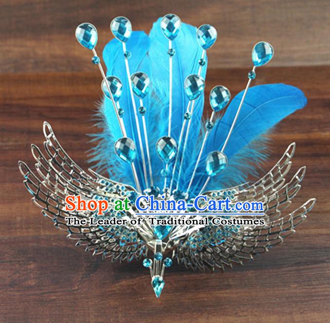 Asian Chinese Handmade Palace Lady Classical Hair Accessories Blue Phoenix Coronet Hairpins for Women