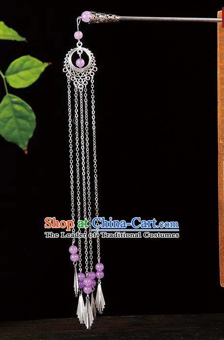 Handmade Asian Chinese Classical Hair Accessories Purple Beads Tassel Hairpins Hanfu Step Shake for Women