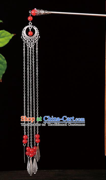 Handmade Asian Chinese Classical Hair Accessories Red Blue Beads Tassel Hairpins Hanfu Step Shake for Women