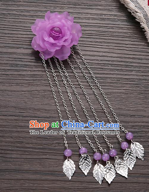 Asian Chinese Handmade Classical Hair Accessories Purple Flower Hairpins Hanfu Tassel Hair Claw for Women