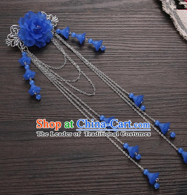 Asian Chinese Handmade Classical Hair Accessories Deep Blue Long Tassel Hair Claw Hanfu Hairpins for Women