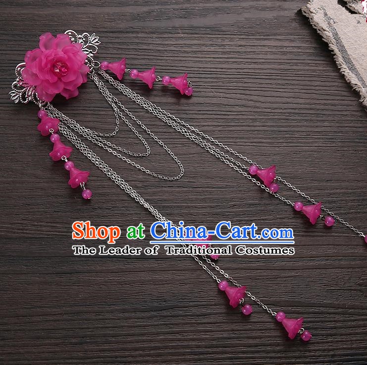 Asian Chinese Handmade Classical Hair Accessories Rosy Long Tassel Hair Claw Hanfu Hairpins for Women