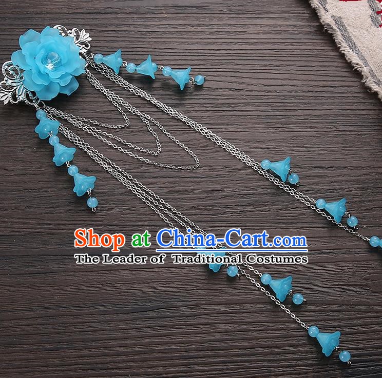 Asian Chinese Handmade Classical Hair Accessories Blue Long Tassel Hair Claw Hanfu Hairpins for Women