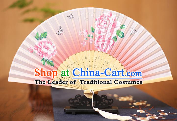 Traditional Chinese Crafts Printing Peony Pink Folding Fan, China Sensu Paper Fans for Women