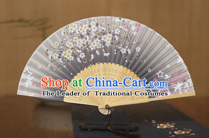 Traditional Chinese Crafts Printing Flowers Grey Folding Fan, China Sensu Paper Fans for Women