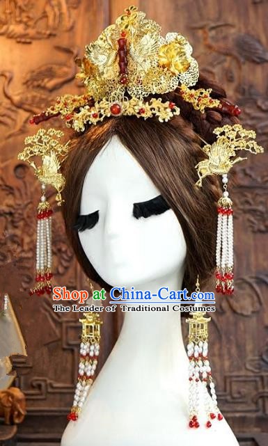 Chinese Ancient Handmade Classical Wedding Hair Accessories Jade Phoenix Coronet Xiuhe Suit Bride Hairpins for Women