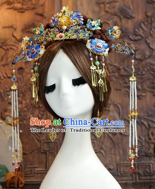 Chinese Ancient Handmade Classical Wedding Hair Accessories Blueing Phoenix Coronet Xiuhe Suit Bride Hairpins for Women