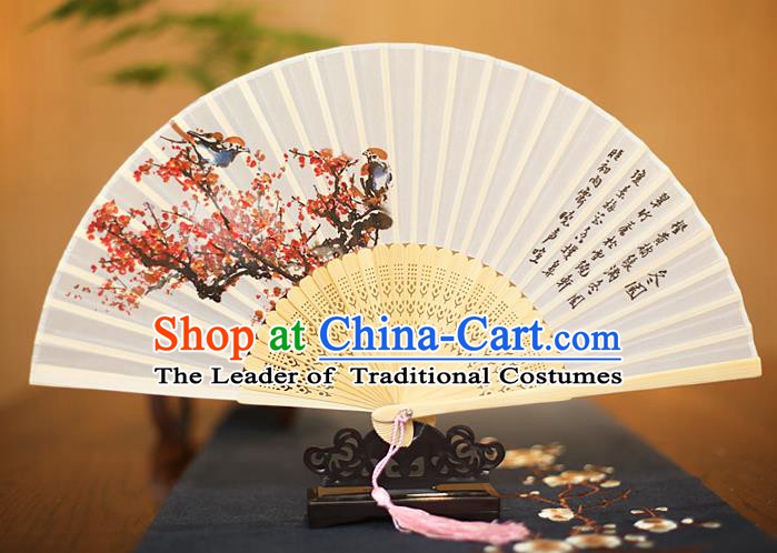 Traditional Chinese Crafts Printing Plum Blossom White Folding Fan, China Sensu Paper Fans for Women