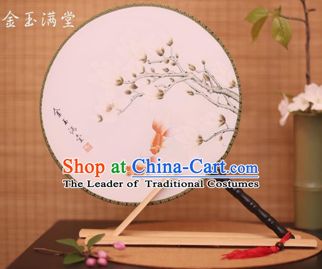 Traditional Chinese Crafts Printing Goldfish Magnolia White Round Fan, China Palace Fans Princess Silk Circular Fans for Women