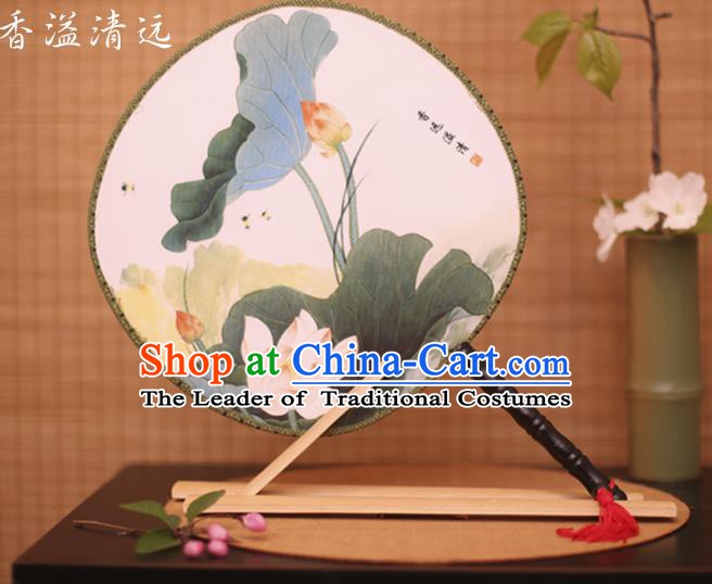 Traditional Chinese Crafts Printing Lotus White Round Fan, China Palace Fans Princess Silk Circular Fans for Women