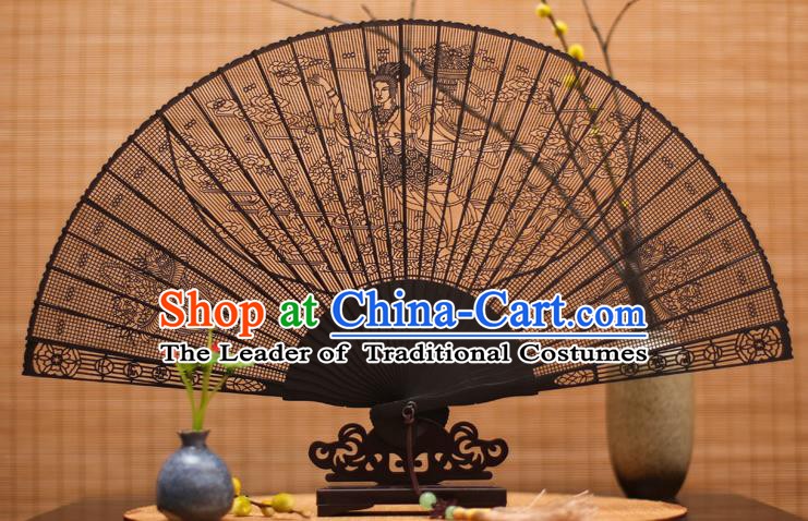 Traditional Chinese Crafts Ebony Folding Fan Carving Fairy Sandalwood Fans for Women