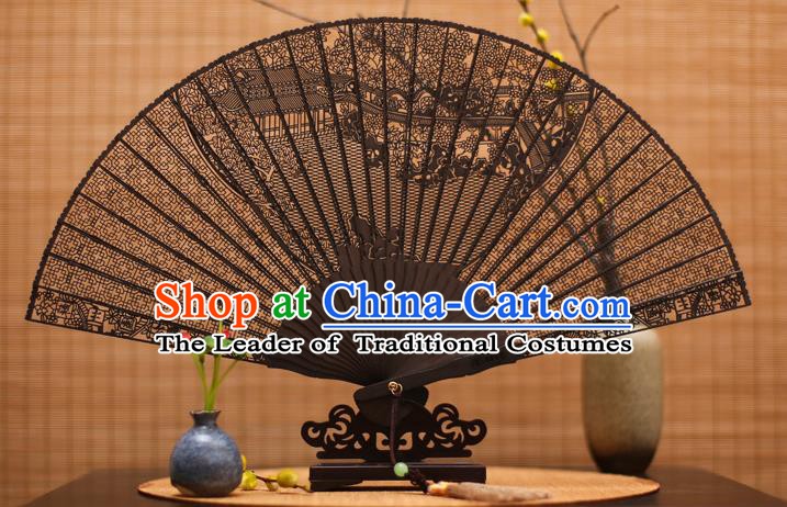 Traditional Chinese Crafts Ebony Folding Fan Carving Courtyard Sandalwood Fans for Women