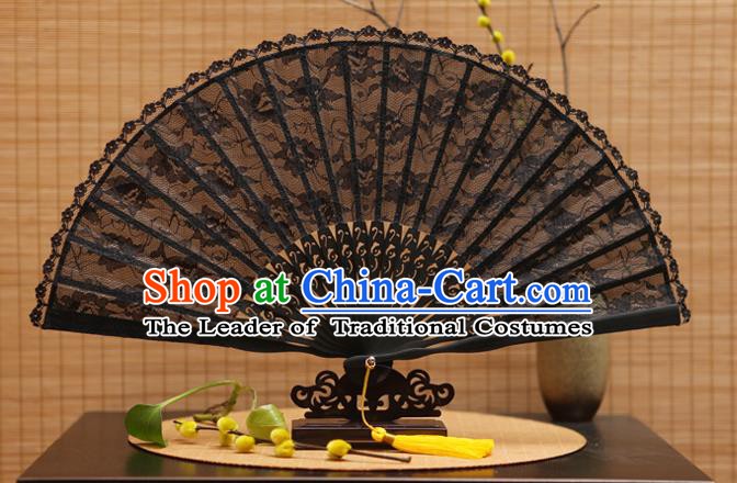 Traditional Chinese Crafts Black Lace Folding Fan Hollow Out Flowers Fans for Women