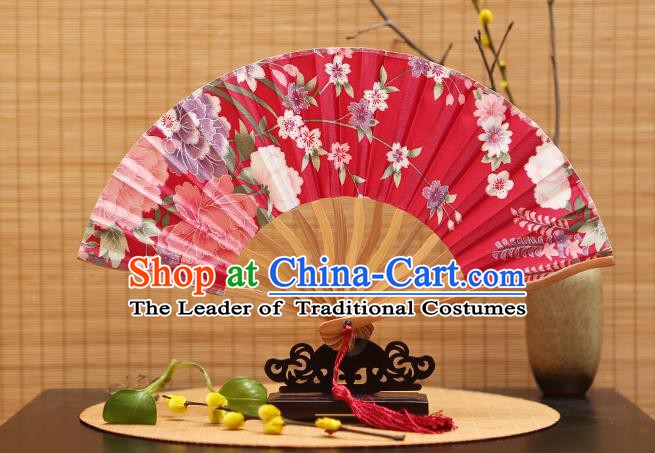 Traditional Chinese Crafts Printing Red Silk Folding Fan Sensu Fans for Women