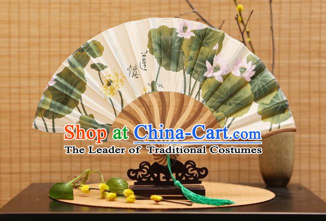 Traditional Chinese Crafts Printing Lotus Silk Folding Fan Sensu Fans for Women
