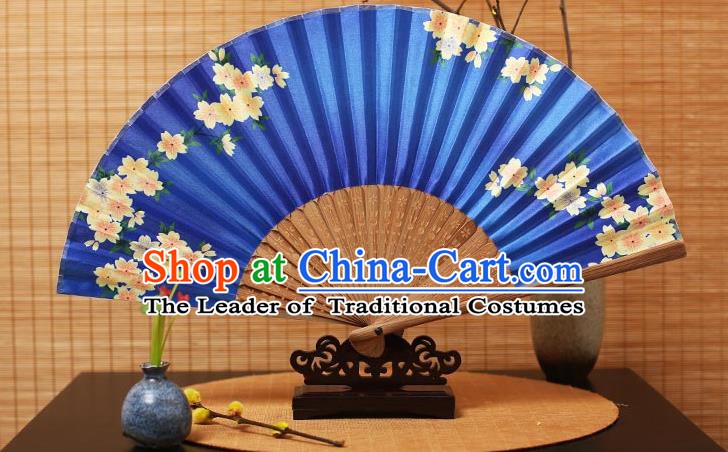 Traditional Chinese Crafts Folding Fans Printing Flowers Blue Silk Fan for Women