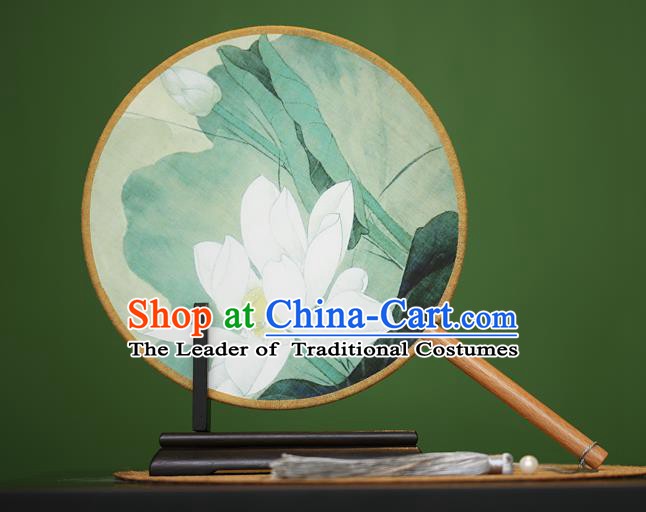 Traditional Chinese Crafts Painting Lotus Rosewood Round Fan, China Palace Fans Princess Silk Circular Fans for Women