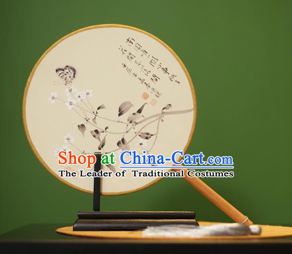 Traditional Chinese Crafts Ink Painting Butterfly Flowers Rosewood Round Fan, China Palace Fans Princess Silk Circular Fans for Women