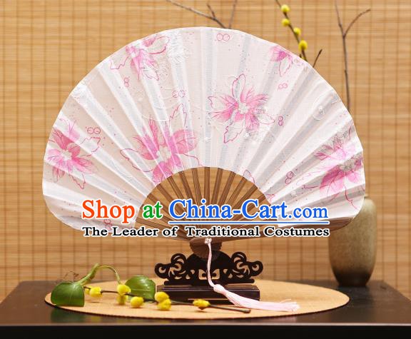 Traditional Chinese Crafts Shell Silk Folding Fan Printing Pink Flowers Bamboo Fans for Women