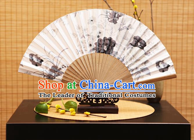 Traditional Chinese Crafts Folding Fans Ink Painting Peony White Silk Fan for Women