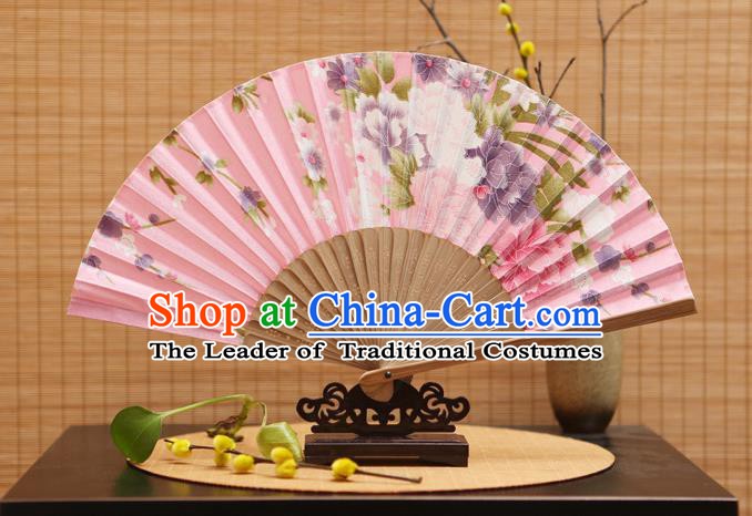 Traditional Chinese Crafts Folding Fans Painting Peony Flowers Pink Silk Fan for Women