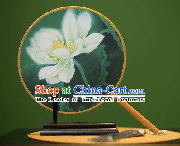 Traditional Chinese Crafts Printing Lotus Green Round Fan, China Palace Fans Princess Silk Circular Fans for Women