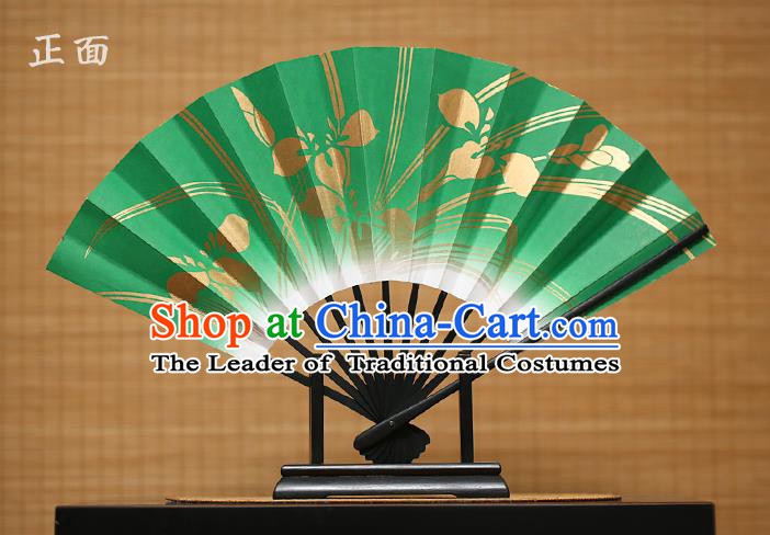Traditional Chinese Crafts Printing Orchid Green Paper Folding Fan Sensu Fans for Women