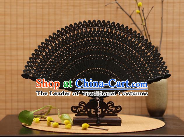 Traditional Chinese Crafts Black Folding Fan Hollow Out Bamboo Fans for Women