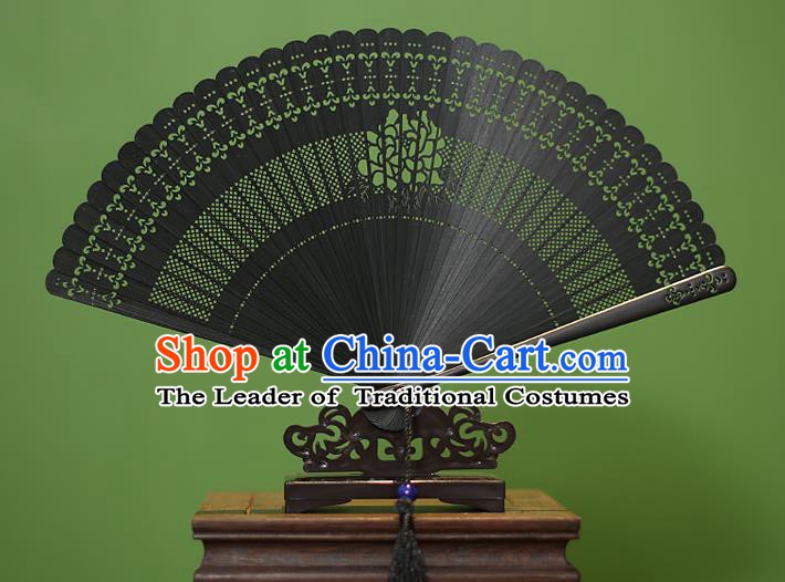 Traditional Chinese Crafts Black Folding Fan Hollow Out Peony Bamboo Fans for Women
