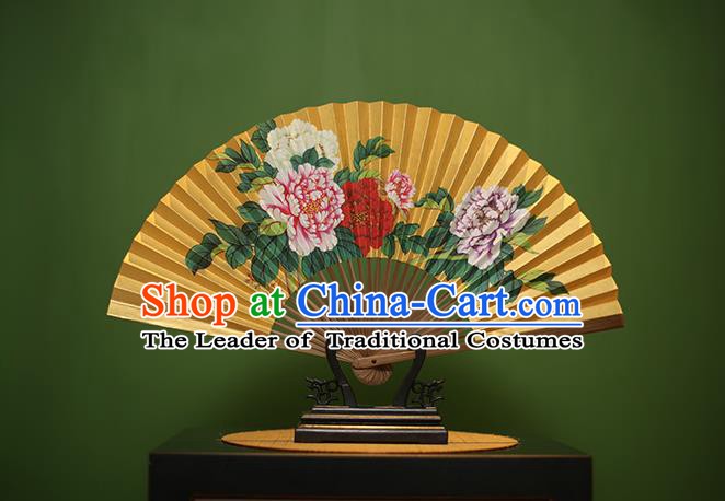 Traditional Chinese Crafts Printing Peony Folding Fan, China Beijing Opera Paper Fans for Men