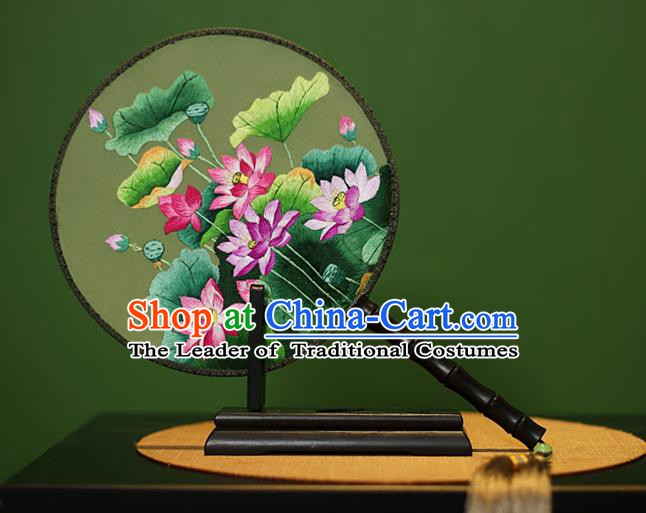 Traditional Chinese Crafts Embroidered Lotus Flowers Round Fan, China Palace Fans Princess Silk Circular Fans for Women