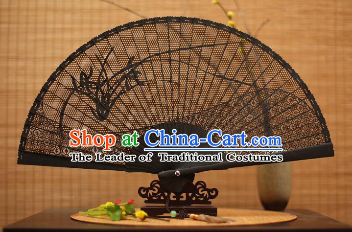 Traditional Chinese Crafts Black Sandalwood Folding Fan, Chinese Hollow Out Orchid Fans Bamboo Fans for Women