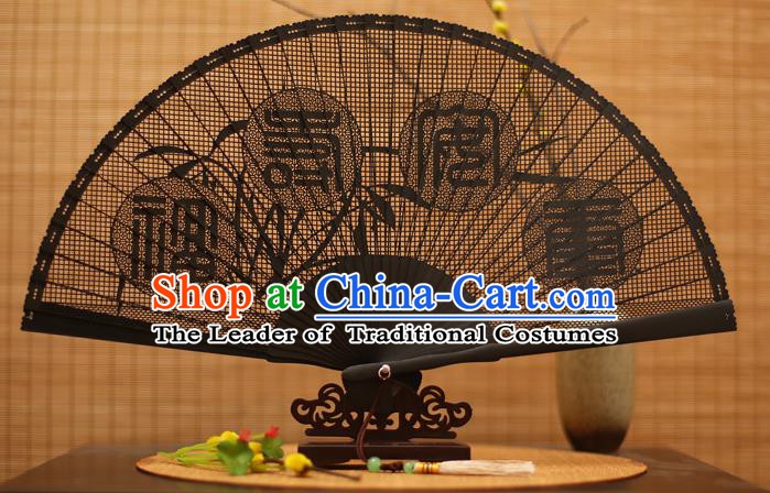 Traditional Chinese Crafts Black Sandalwood Folding Fan, Chinese Hollow Out Fans Bamboo Fans for Women